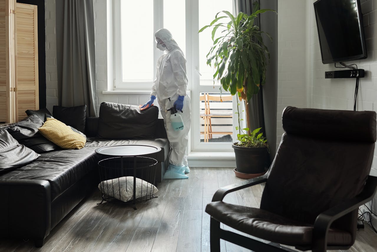 A person in protective gear sanitizing a stylish living room, emphasizing cleanliness and safety.