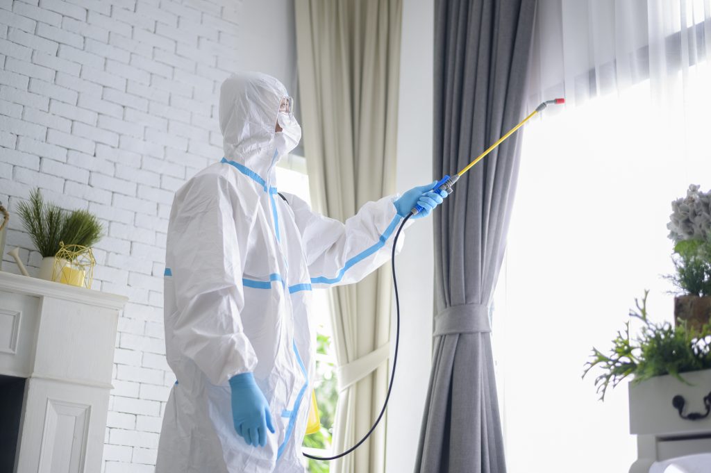 a medical staff in ppe suit is using disinfectant spray in living room, covid 19 protection , disinfection concept
